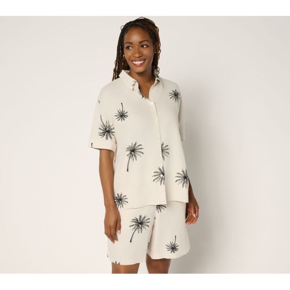 Peace Love World Women's Top Sz M Boheme Linen Blend Printed Short White A691372